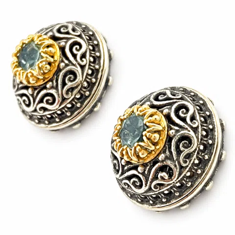 Byzantine Filigree Genuine Blue Topaz Stud Earrings: Oxidised & 18K Gold Filled Sterling Silver