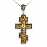 Russian type Orthodox Cross: Sky Blue Topaz, Oxidized & 18K Gold Filled Silver Byzantine Filigree