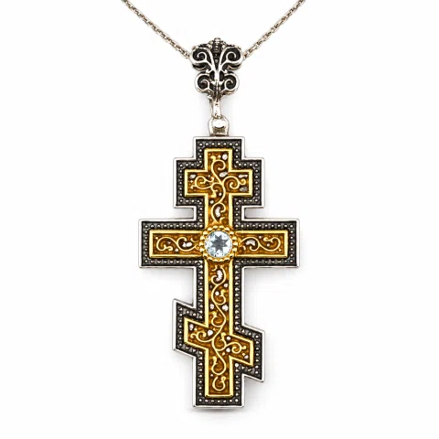 Russian type Orthodox Cross: Sky Blue Topaz, Oxidized & 18K Gold Filled Silver Byzantine Filigree