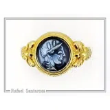 Athena Greek Goddess Head Coin Ring with Antefix Ornaments: Blue Enamel, 18K Gold-Filled Silver