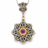 Byzantine Amethyst Filigree Detail Necklace: Oxidised and 18K Gold Filled Sterling Silver