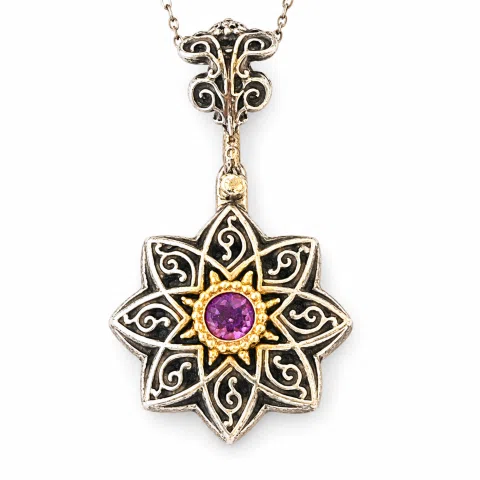 Byzantine Amethyst Filigree Detail Necklace: Oxidised and 18K Gold Filled Sterling Silver