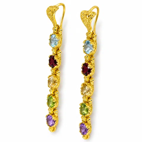 18k Gold Byzantine Filigree Multi Gemstone Dangle Beaded Earrings: Multi Coloured Natural Gems