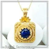 Solid Gold 18k Natural Lapis Lazuli Pendant: Byzantine Style Filigree and Granulation Handmade Jewelry