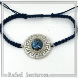 Sterling Silver Athena Promachos Bracelet Greek Key Tetradrachm Sky Blue Enamel Macrame Cord Viscose