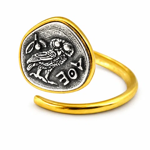 Goddess Athena Owl Wisdom symbol Greek Coin Ring: Oxidized Sterling Silver, 18k Gold-Filled