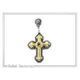 Genuine Sky-Blue Topaz Byzantine Filigree Cross Necklace: Silver oxidised & 18K Gold filled