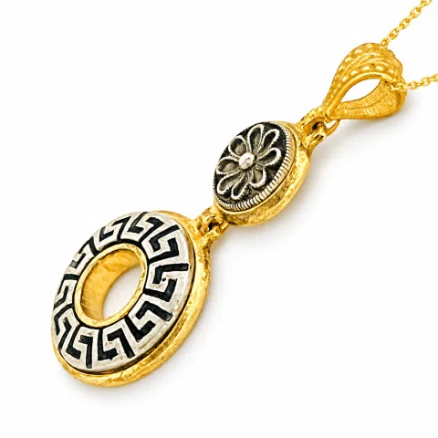 Greek Key & Greek Flower Dangle Necklace: Oxidized Sterling Silver Meander in 18K Gold-Filled Base