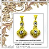 18K Solid Gold Filigree Byzantine Dangle Earrings with Natural Sky-Blue Topaz Brilliant Cut