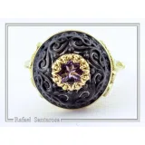 Natural Amethyst Black and Gold Byzantine Ring: 18K Gold Filled & Oxidized Sterling Silver