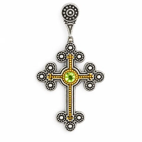 Peridot, Garnet, Topaz, Amethyst, Pearl or Lapis Oxidized Sterling Silver Byzantine Cross Religious Necklace