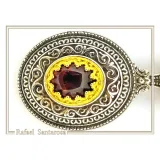 Natural Red Garnet Byzantine Filigree Pendant: Oxidized and 18k Gold Filled Sterling Silver