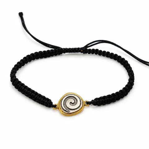 Spiral Macrame Bracelet Oxidized Sterling silver charm on 18K gold filled base. Museum replica