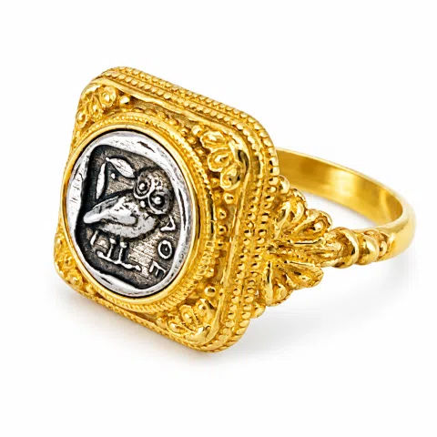 Tetradrachm Owl Coin Filigree Ring: Oxidized Silver Coin on 18K Gold Filled, Museum Replicas