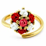 Red & White Roses Alabaster Gems Bouquet Adjustable Floral Statement Ring: 18k Gold Filled Silver