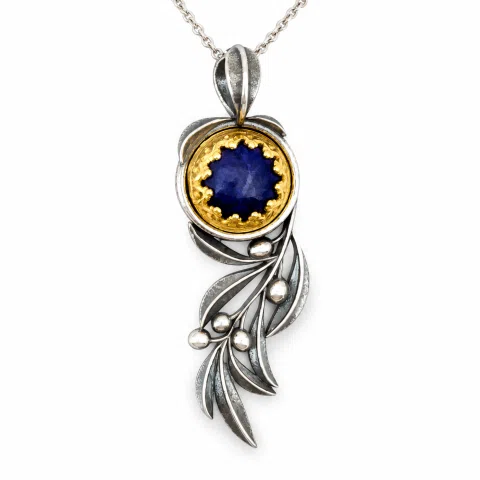 Natural Lapis Olive Leaf Pendant Floral Necklace: Oxidized Sterling Silver 18K Gold Filled Bezel