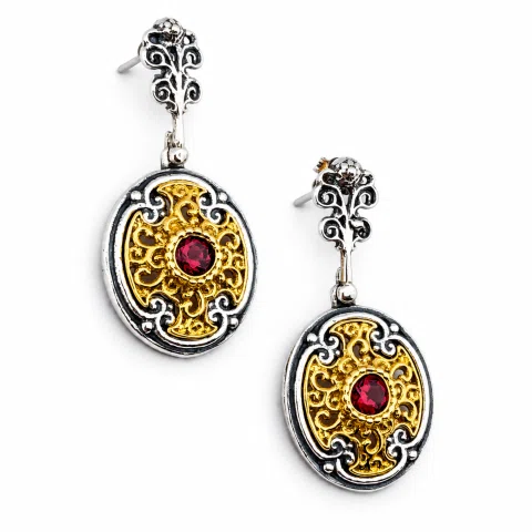 Natural Red Garnet Byzantine style Earrings: Oxidized & 18K Gold-Filled Sterling Silver,