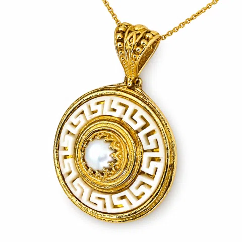 Greek Key Maiandros Sculptured on Marble Necklace: Sterling Silver 18K Gold Filled, Natural Pearl