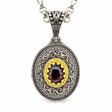 Natural Red Garnet Byzantine Filigree Pendant: Oxidized and 18k Gold Filled Sterling Silver