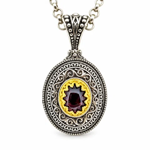 Natural Red Garnet Byzantine Filigree Pendant: Oxidized and 18k Gold Filled Sterling Silver