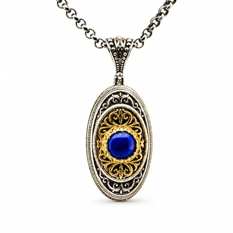 Genuine Lapis Lazuli Byzantine Way Crafted Pendant: Oxidised & Gold-Filled Sterling Silver