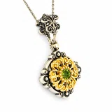 Genuine Peridot Gemstone Filigree Necklace: Sterling Silver Oxidised & Gold Filled Byzantine Pendant
