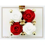 Alabaster Rose Flowers Gems Bouquet Square Necklace: Red &White Roses, Silver 18K Gold Filled.