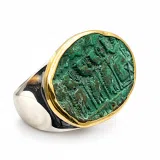 Minoan Sacred Scene Ring, Oxidised Copper, 14K Gold Bezel, Sterling Silver Band