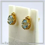 18K Solid Gold Filigree Earrings with Natural Sky-Blue Topaz Brilliant Cut and Byzantine Decoration