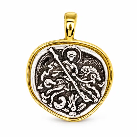 St George Killing Dragon Necklace Byzantine Talisman: Sterling Silver Oxidised & 18K Gold-Filled