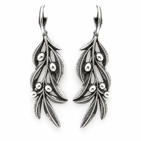 Olive Leaf Branch Drop Earrings Greek Mythology Peace Symbol: Oxidized Sterling Silver