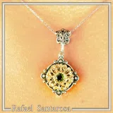 Genuine Peridot Gemstone Filigree Necklace: Sterling Silver Oxidised & Gold Filled Byzantine Pendant