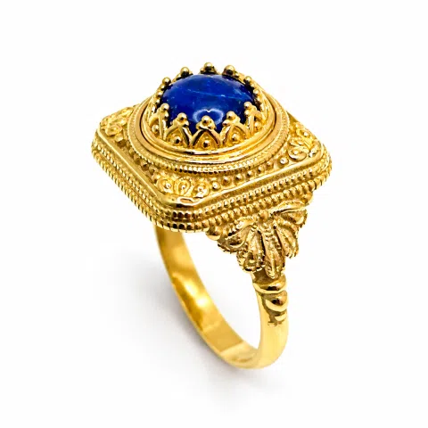 Byzantine Handcrafted Natural Lapis Lazuli Sterling Silver Ring: 18k Gold Filled