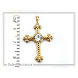 18K Solid Gold Natural Brilliant Cut Sky Blue Topaz Byzantine Filigree Cross Pendant