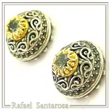Byzantine Filigree Genuine Blue Topaz Stud Earrings: Oxidised & 18K Gold Filled Sterling Silver