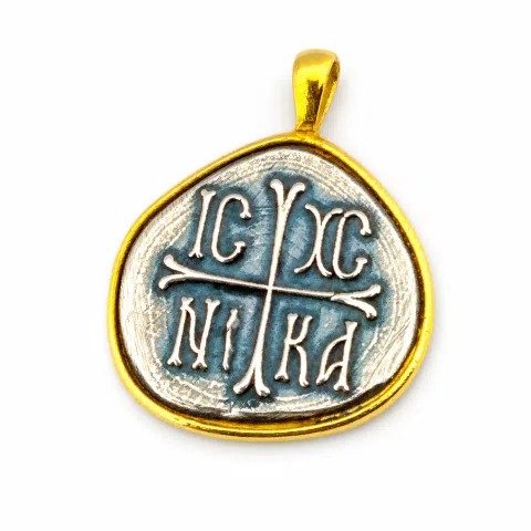 Protection Cross Pendant ICXC NIKA: Oxidized Silver Constantinato Coin on 18k Solid Gold Charm