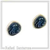 Oxidized Sterling Silver Athenian Tetradrachm Owl Earrings: Athena Coin Studs with Sky Blue Enamel
