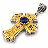 Natural Lapis Lazuli Imperial Byzantine Big Size Cross Necklace: Oxidized & 18K Gold Filled Silver