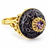 Natural Amethyst Black and Gold Byzantine Ring: 18K Gold Filled & Oxidized Sterling Silver