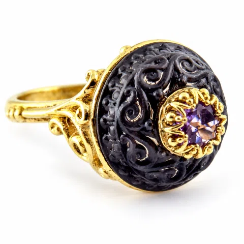 Natural Amethyst Black and Gold Byzantine Ring: 18K Gold Filled & Oxidized Sterling Silver