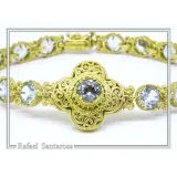 Byzantine Filigree Gemstone Beaded Cross Bracelet: Genuine topaz on 18K Gold Filled silver