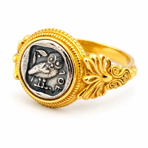 Tetradrachm Athena Owl Replica Greek Coin Ring, Antefix Filigree decoration: Sterling Silver oxidized & Gold-Filled