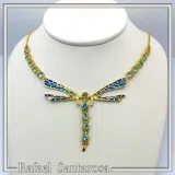 Art Nouveau Dragonfly Necklace Sterling Silver Gold Filled Blue Enamel Sky Blue Topaz