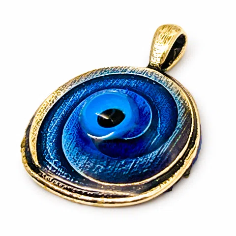 Evil Eye Spiral Talisman Necklace: Sky Blue Transparent Enamel on Oxidised Sterling Silver