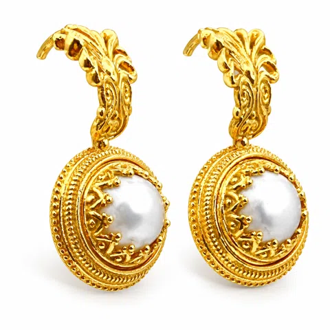 Ancient Greek Antefix Pearl Earrings: Sterling Silver 18K Gold-Filled Filigree jewelry