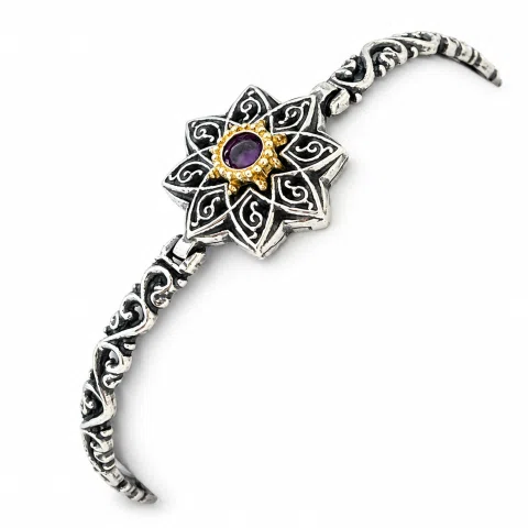 Natural Amethyst Byzantine Star Bracelet: Oxidised Sterling Silver, 18K Gold Filled Bezel