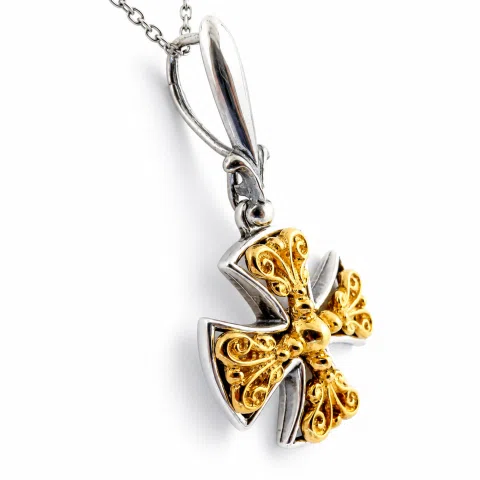 Byzantine Museum Religious Cross Pendant: 18K Gold Filled Filigree Cross on Oxidized Sterling Silver