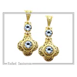 18K Solid Gold Filigree Byzantine Dangle Earrings with Natural Sky-Blue Topaz Brilliant Cut