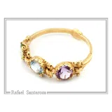 Byzantine Filigree Handmade Beaded Gemstones Ring 18K Gold: Genuine Amethyst, Topaz, Peridot, Garnet