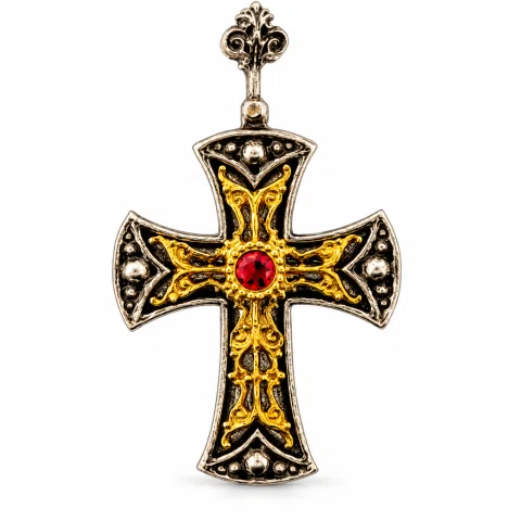 Byzantine Religious Christian Cross Necklace: Natural Garnet, Oxidized & 18K Gold filled Sterling Silver